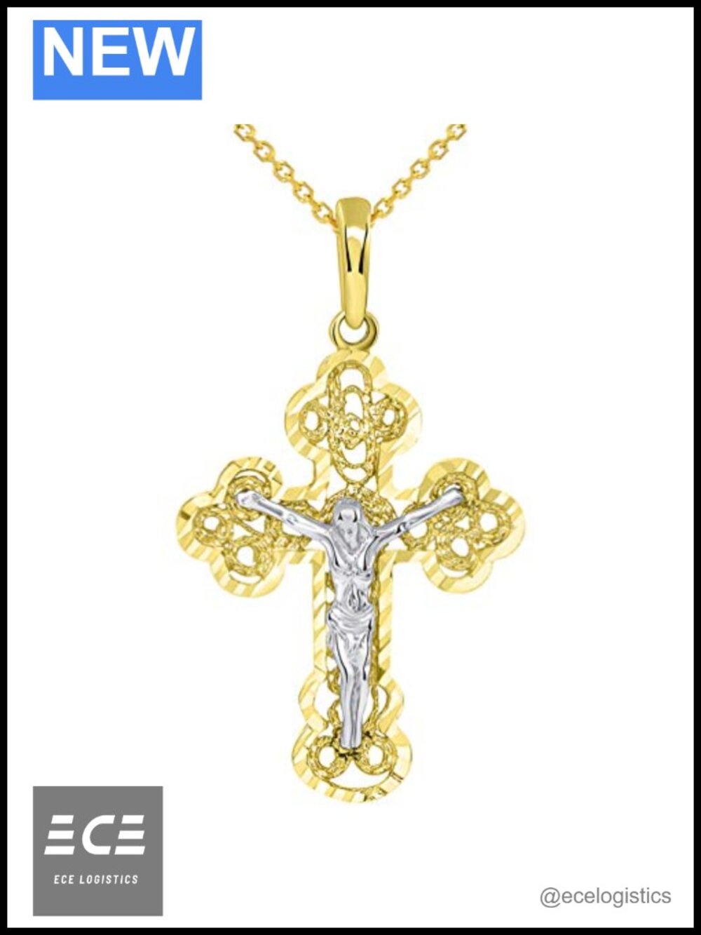 14k Two Tone Gold Filigree Eastern Orthodox Cross Crucifix Pendant Necklace